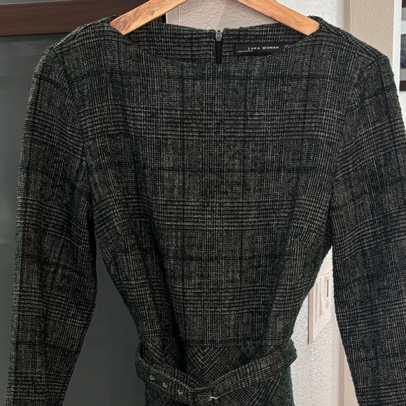 Zara Retro Vibes Tweed Belted Mini Dress - Green/Black Size M - Picture 4 of 9